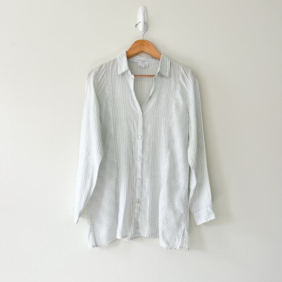 J. Jill Love Linen White and Green Striped Button Down 100% Linen Top Blouse - Picture 1 of 9